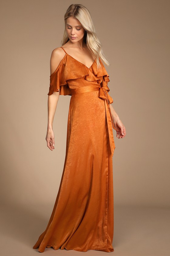 Rust Orange Dress - Cold-Shoulder Maxi ...